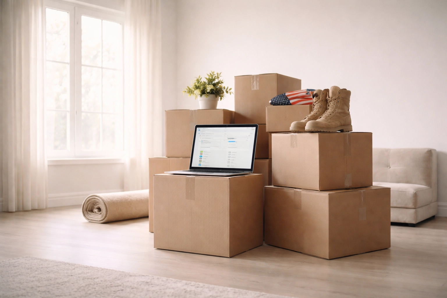 Military family's moving boxes and open laptop emphasize identity theft risks during PCS relocation