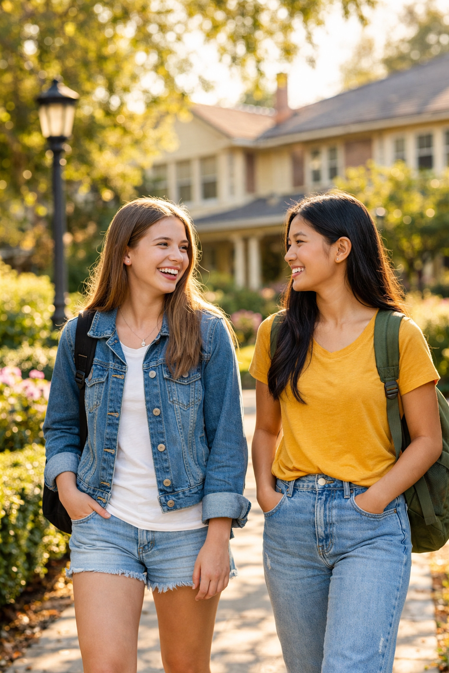 Teenage girls walking together at a youth residential treatment center garden.