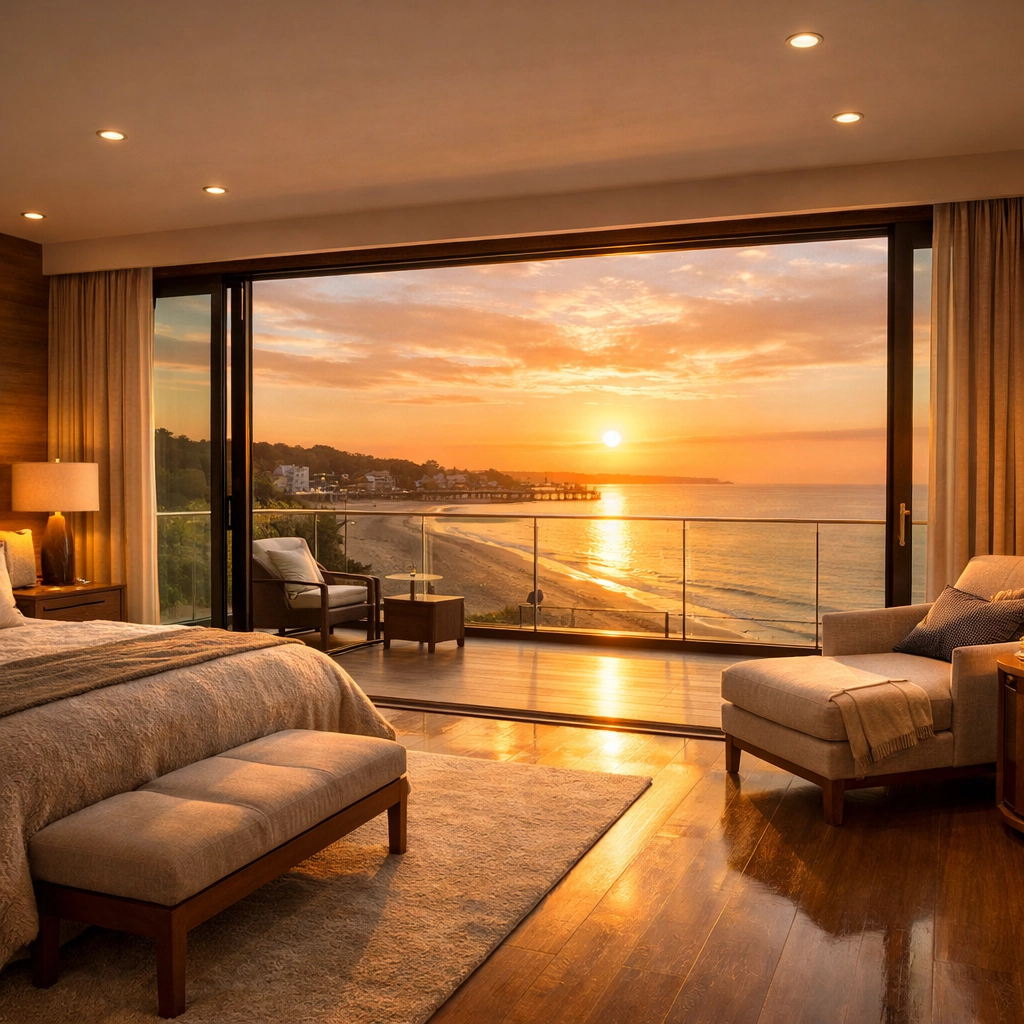 A luxury master bedroom suite with a sea-view balcony in a transformed West Sussex bungalow.