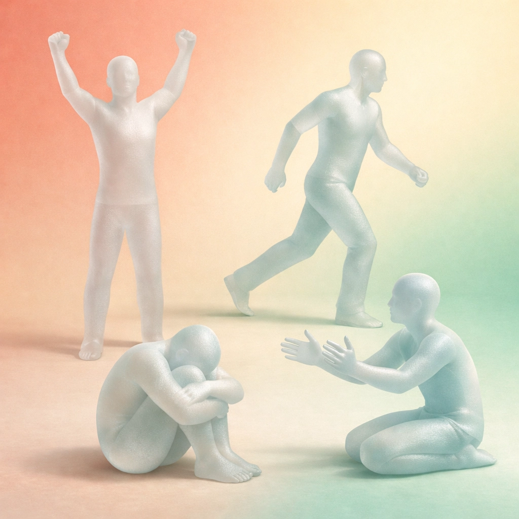 Four figures demonstrating fight, flight, freeze, and fawn stress responses