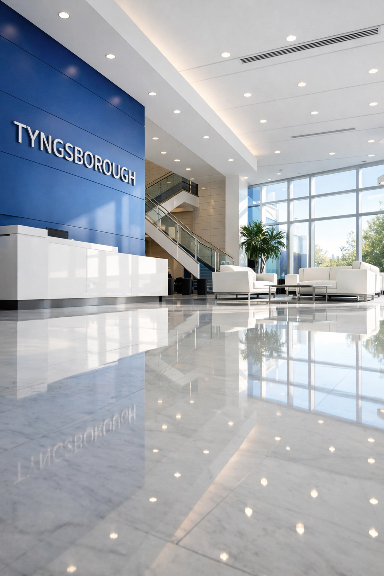 Pristine corporate lobby in Tyngsborough, MA with polished floors from commercial cleaning services.