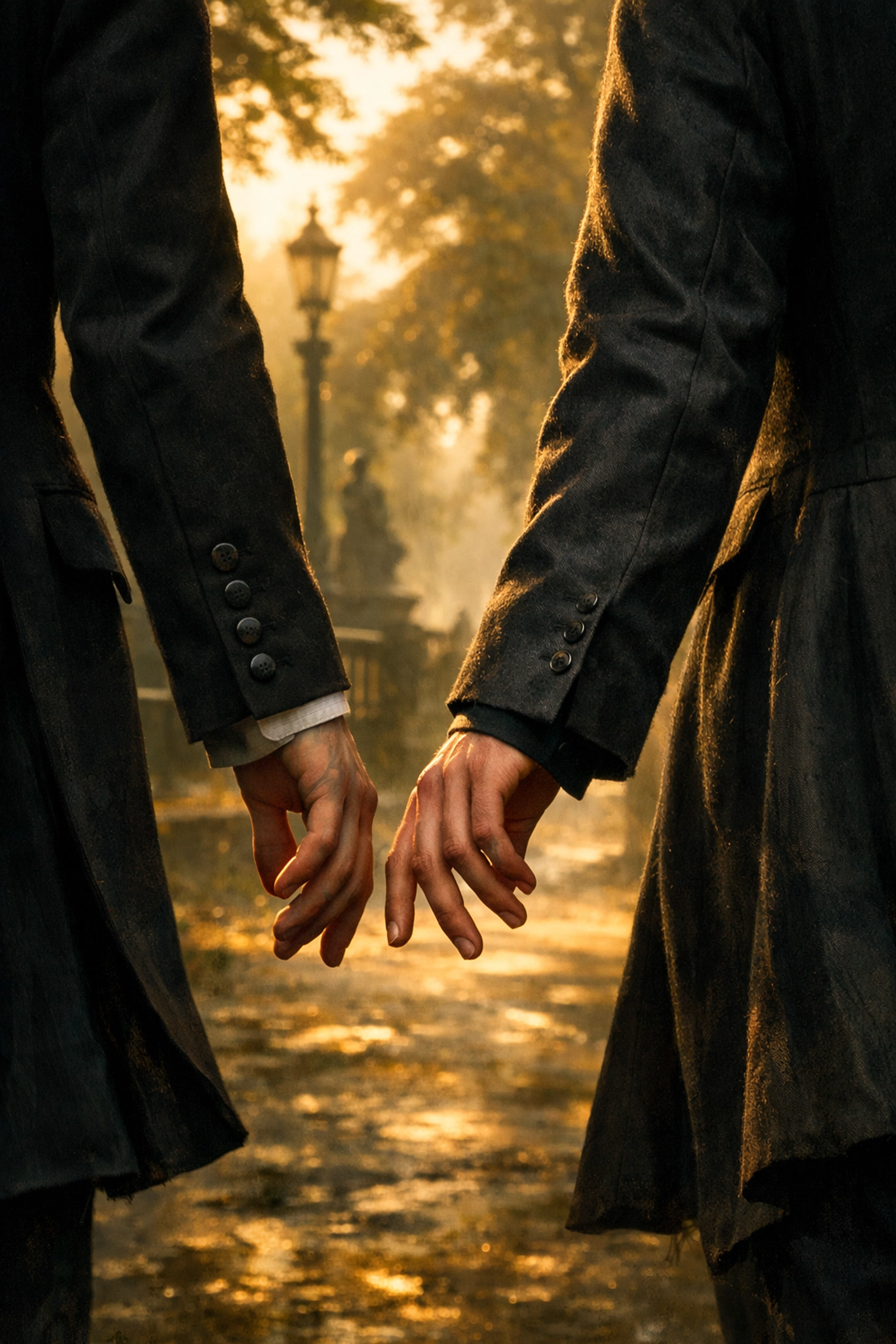 Two Victorian men subtly reaching for each other’s hands, a scene reflecting MM historical romance themes.