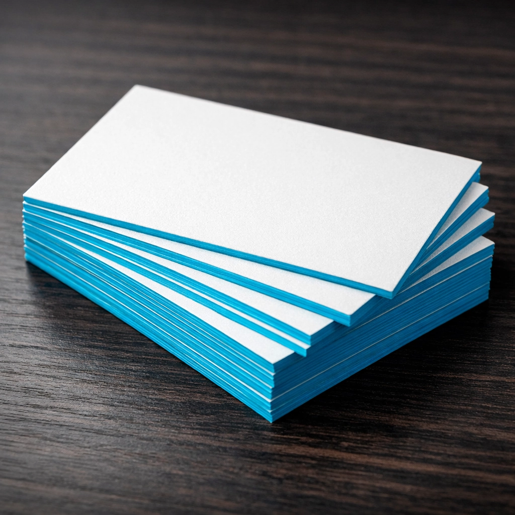 Stack of premium, thick matte business cards with painted edges for professional networking in Dallas.