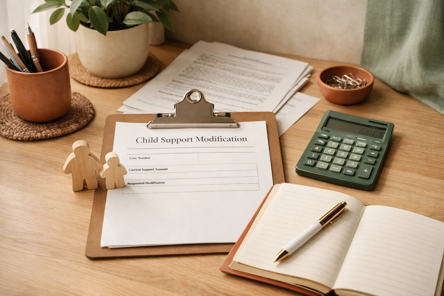 Child support modification paperwork and calculator on a desk in terracotta, sage, and cream tones