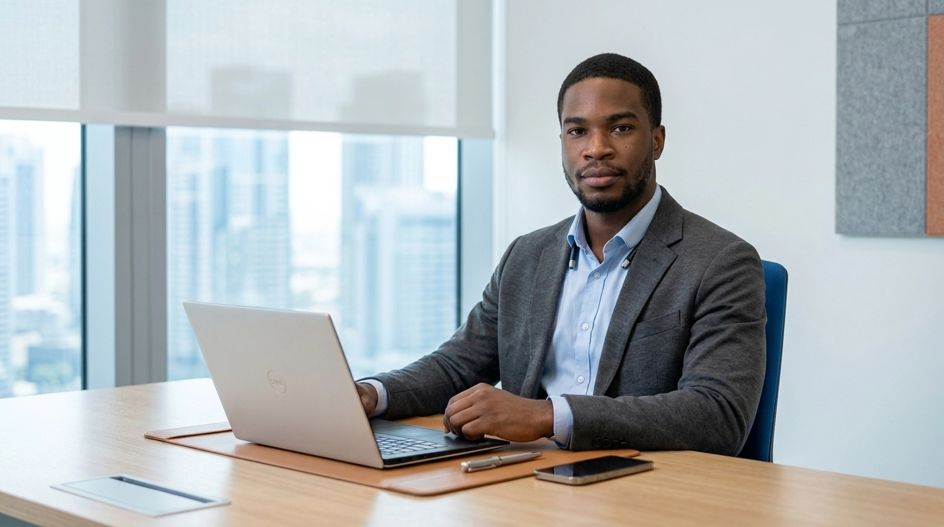 A confident professional at a clean, modern desk, representing interview readiness.