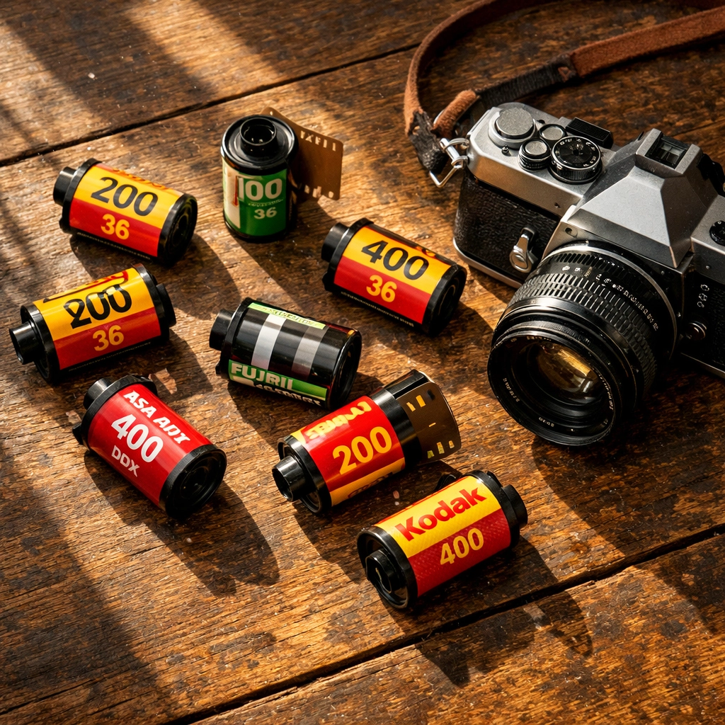Kodak 35mm film canisters and a vintage SLR camera on a wooden table in bright morning light.