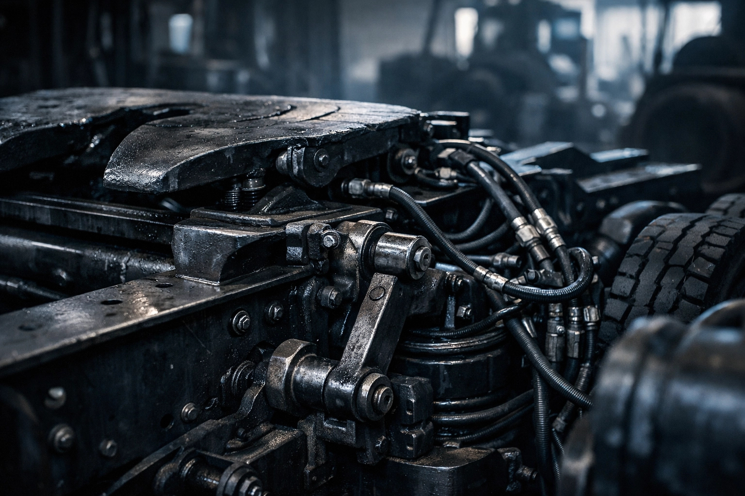 Detailed view of heavy-duty hydraulic and chassis components on a used yard spotter.