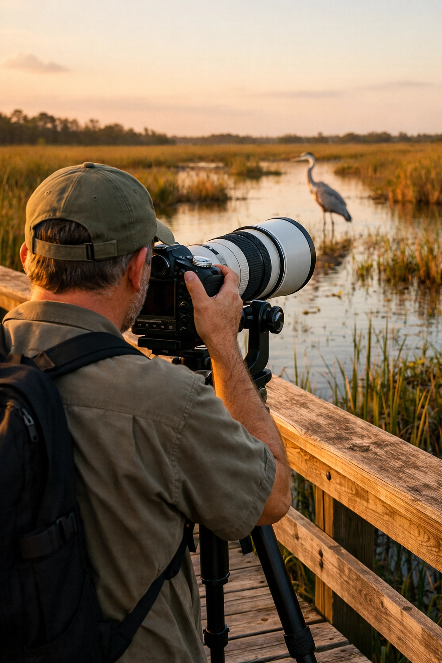 Wildlife photographer using a long telephoto lens on a boardwalk in the Everglades during golden hour.