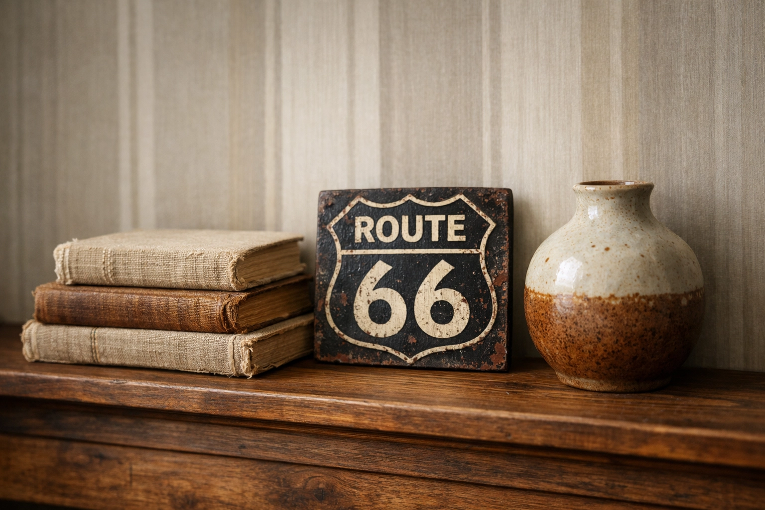 Handcrafted ceramic vase and vintage books on a wooden mantle against a soft striped wall background.