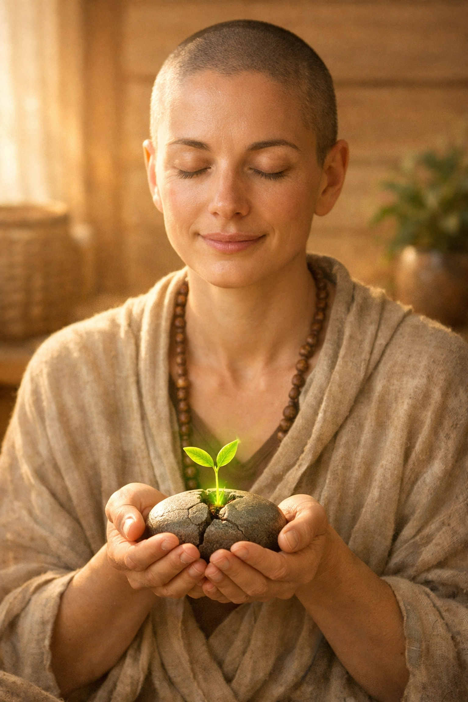 Serene meditation scene showing growth from a stone to illustrate radical compassion and emotional healing.