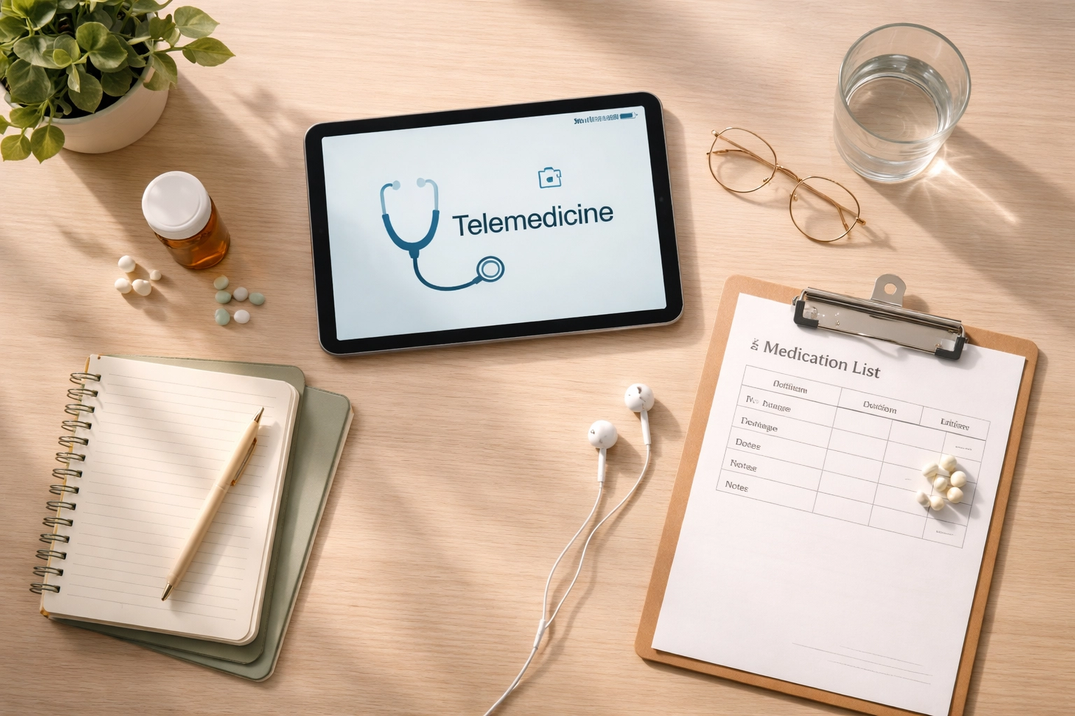 Organized desk with tablet, notepad, and medication list for preparing telemedicine consultation