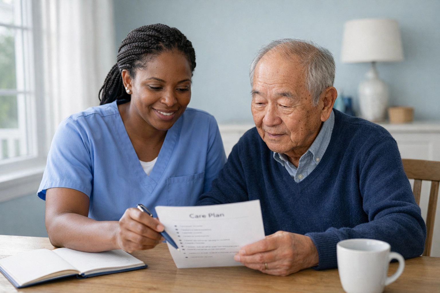 Private pay home caregiver helping senior woman plan personalized care in Northern Virginia home