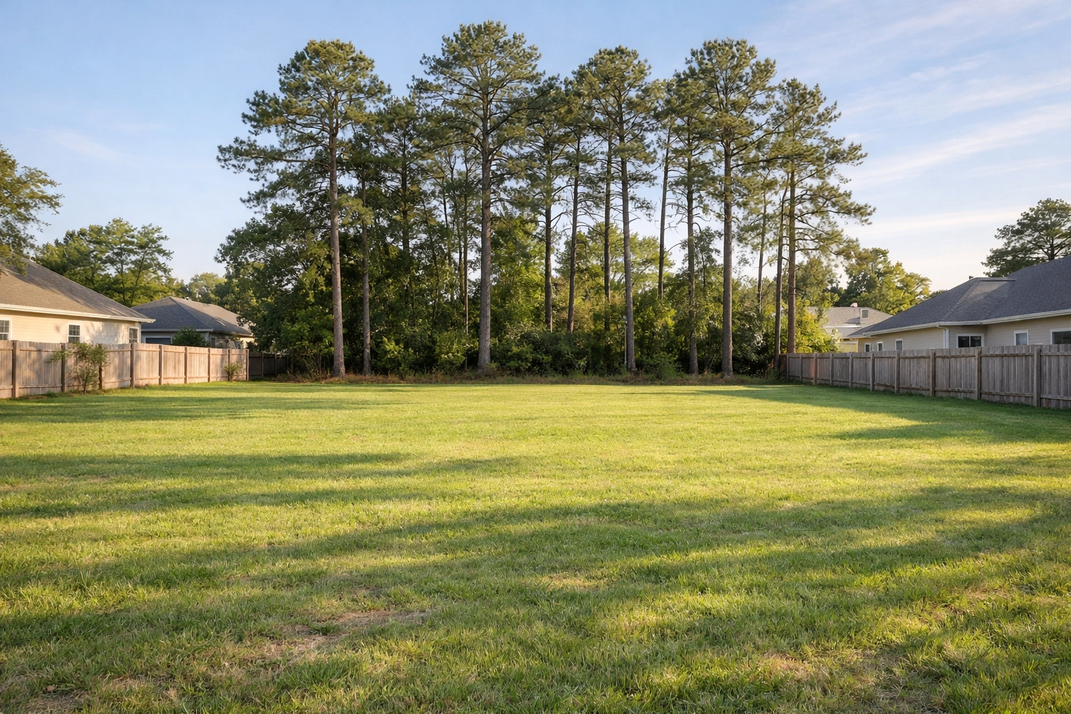 Spacious green residential lot with pine trees in Crosby TX, ready for a new manufactured home.