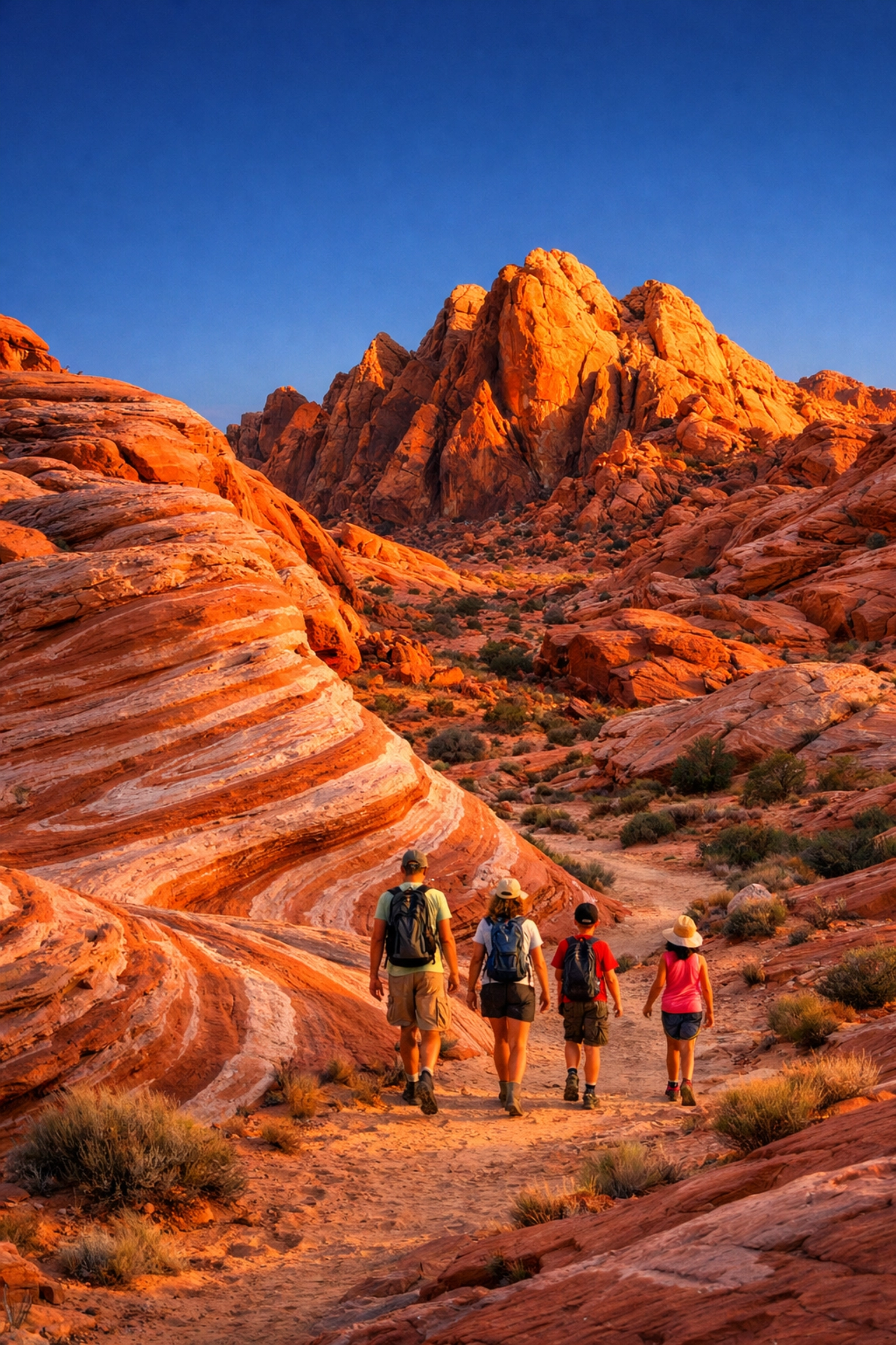 Family hiking through the red sandstone rock formations of Valley of Fire during golden hour.