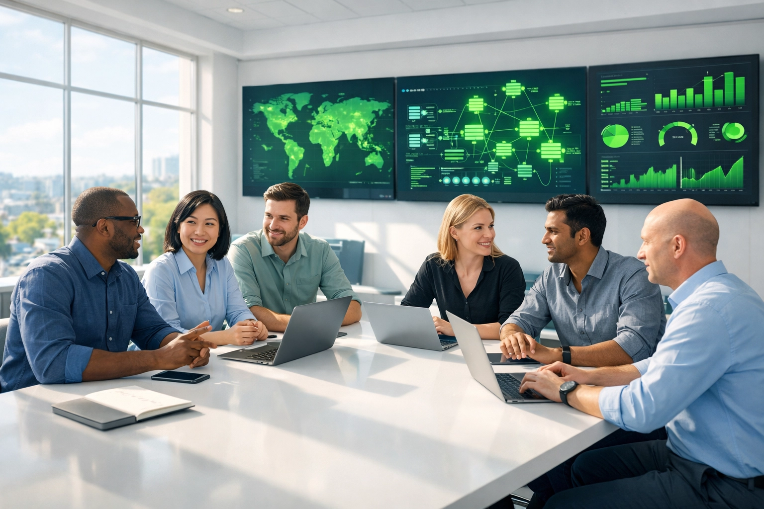 IT professionals collaborating in a modern command center to achieve ServiceNow ITOM operational excellence.