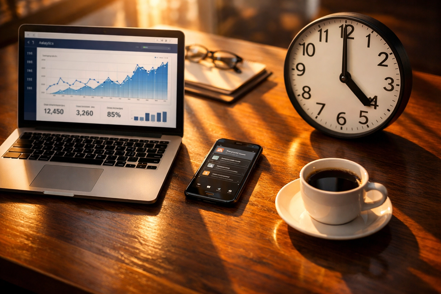 4PM press release timing with laptop analytics dashboard and wall clock showing optimal release time