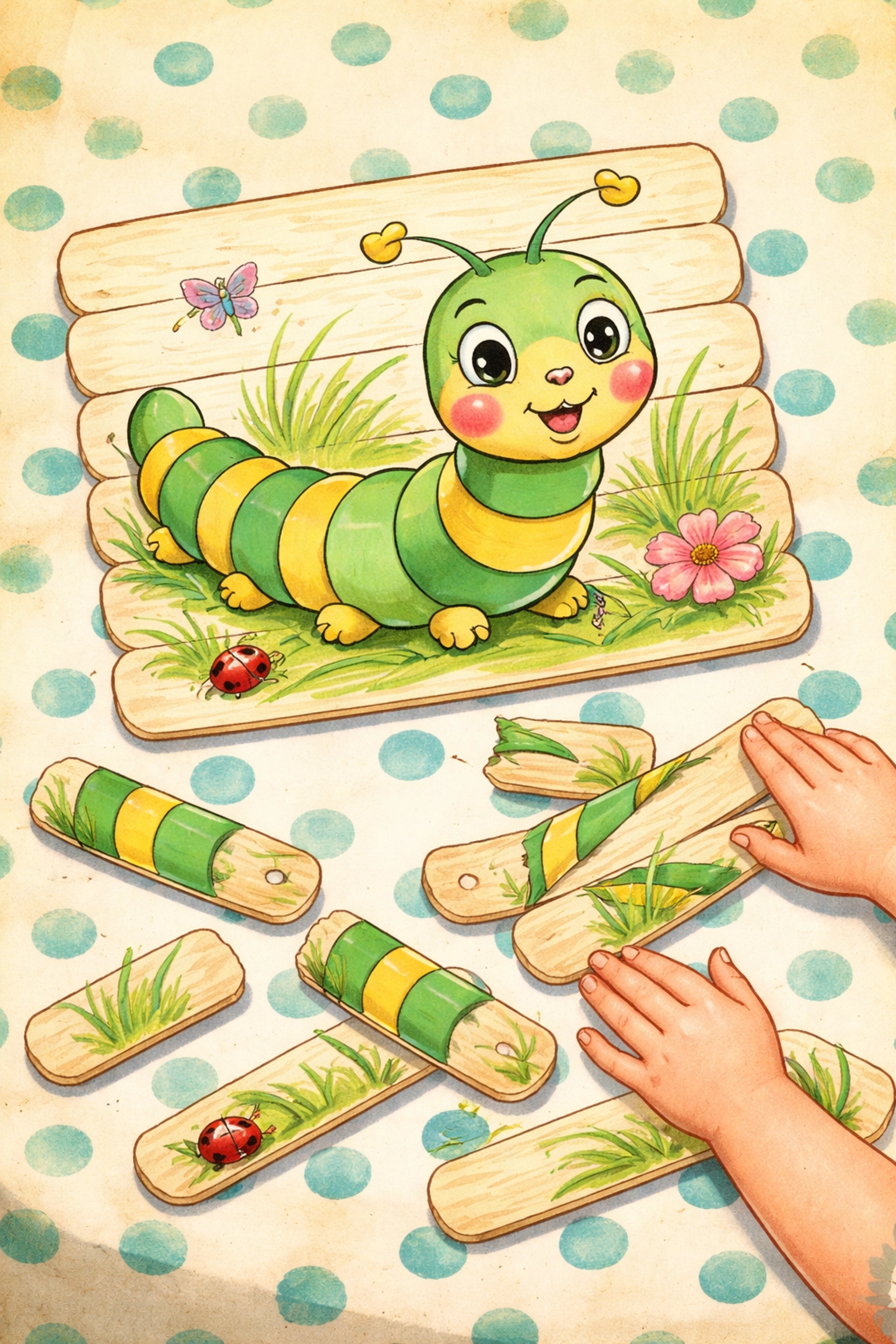 Kids playing with a completed popsicle stick puzzle featuring a cartoon caterpillar, arranging the mixed pieces.