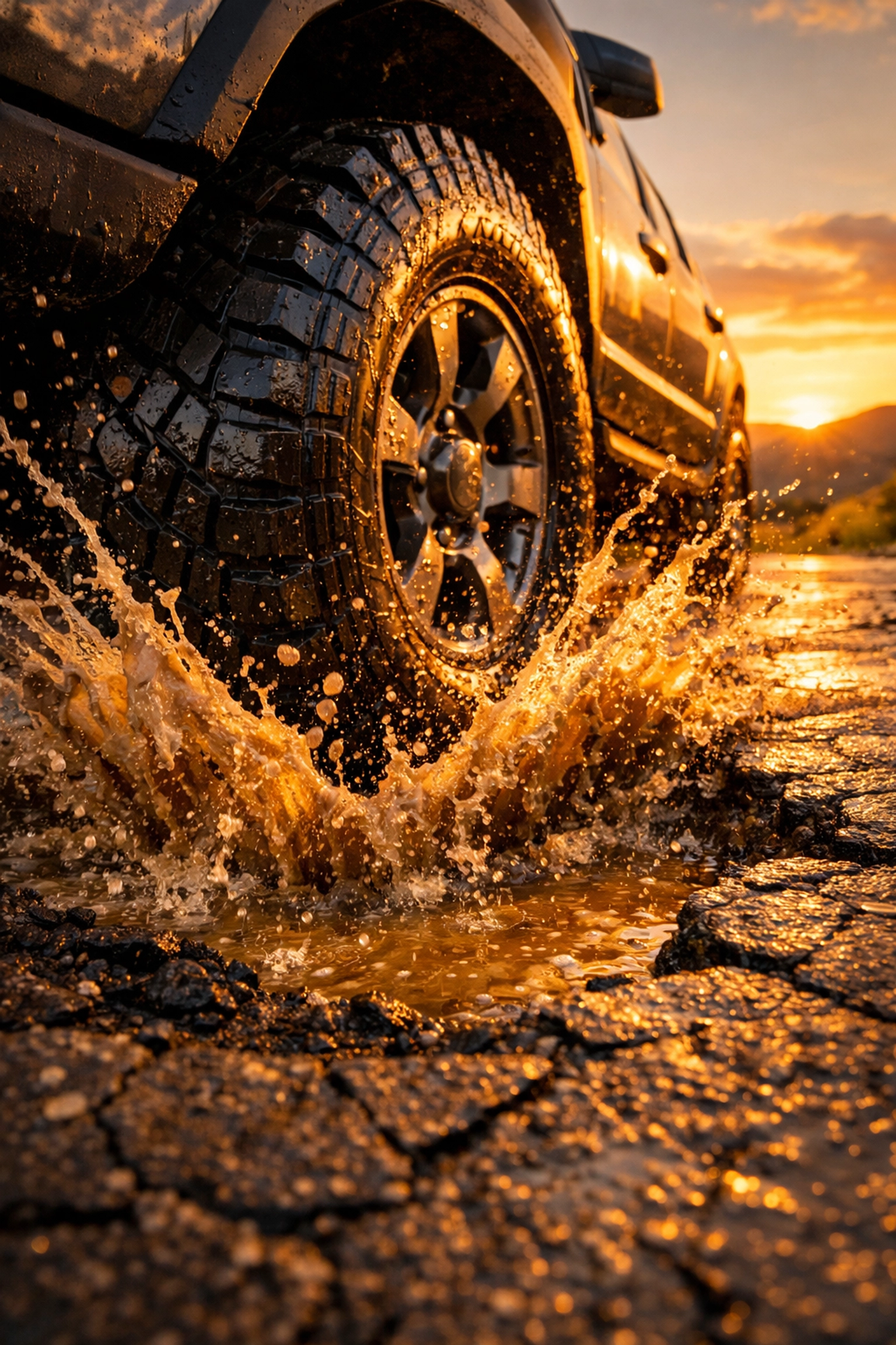Car tire hitting a deep pothole in Havre MT, highlighting the need for suspension repair.