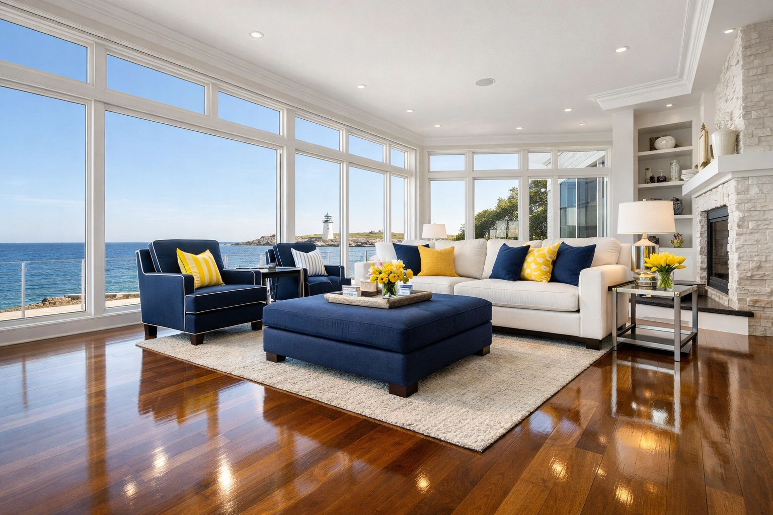 Pristine coastal living room showcasing professional house cleaning in Scituate MA by The Cleaning Ninjas.