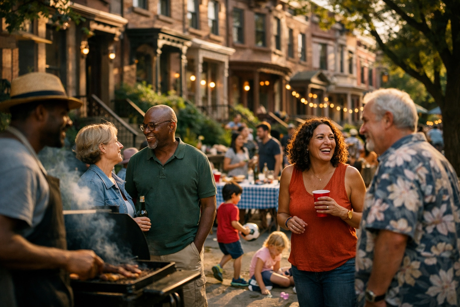 Diverse neighbors gathering at community block party with historic brownstone homes in background
