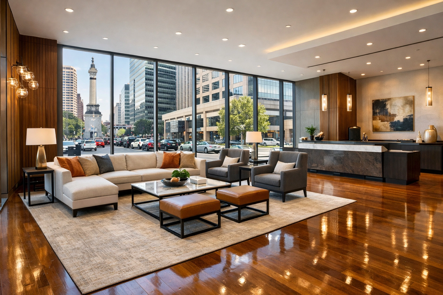 Impeccably maintained modern lobby with polished hardwood floors in an Indianapolis multifamily complex.