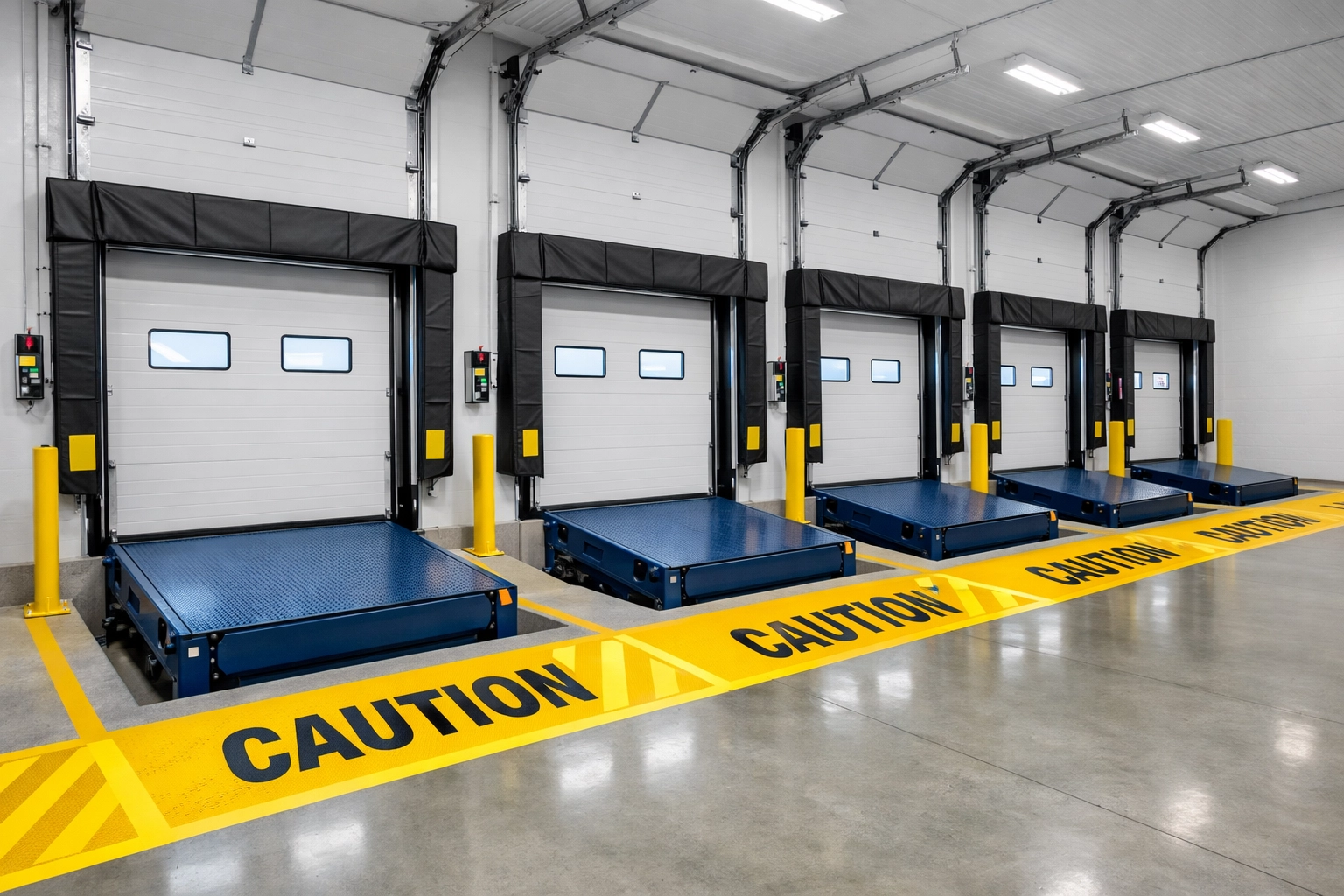 Spotless warehouse loading docks in Medford, MA, featuring clear industrial safety floor markings.