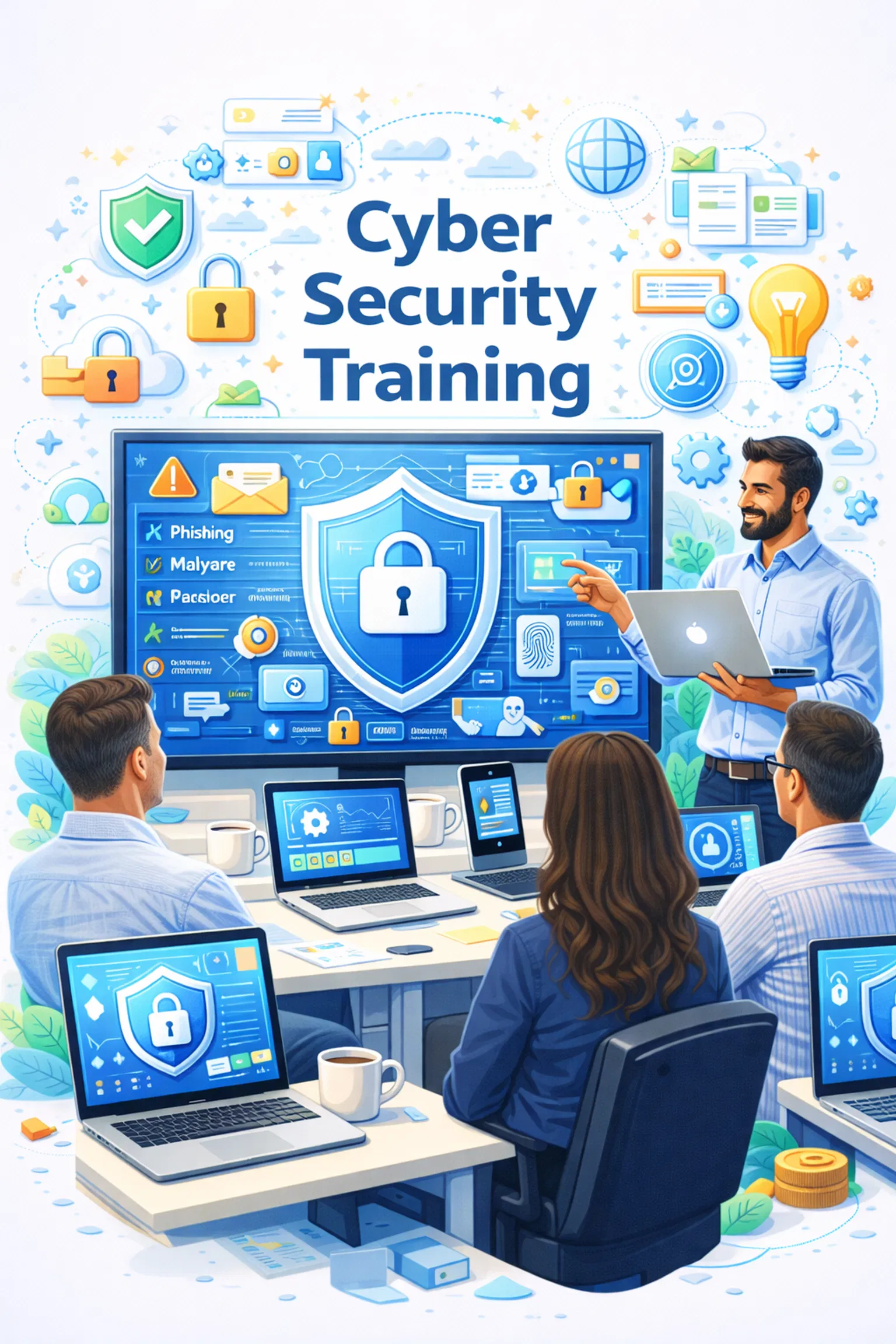 Team members are engaged in a cybersecurity training led by an instructor