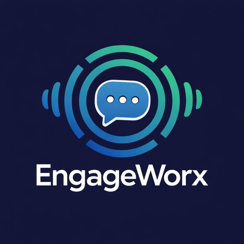 EngageWorx logo Central chat bubble with three dots, surrounded by radiating circular lines symbolizing omnichannel messaging and connectivity, set against a dark blue background. The brand name 'EngageWorx' is displayed below in bold white text, reflecting modern, unified communication solutions.