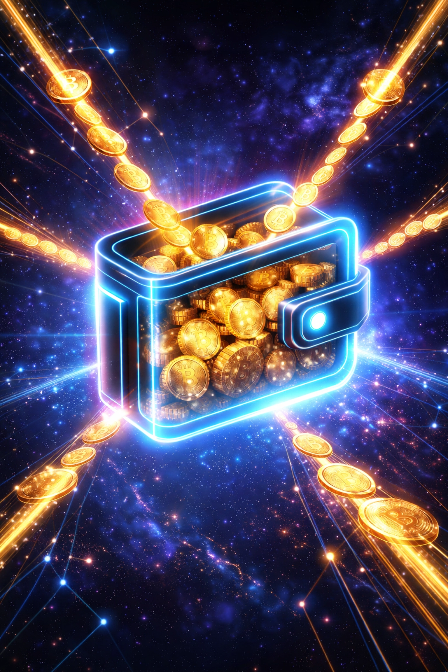 A digital wallet surrounded by streams of cryptocurrency coins, symbolizing self-custody and instant crypto payments with Larecoin.