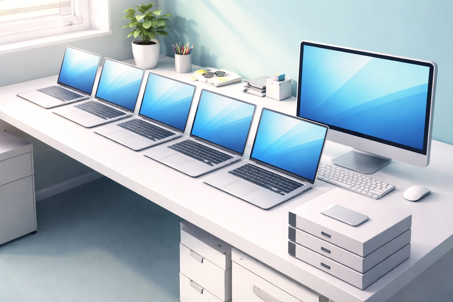 Organized rows of matching business laptops and desktop computers with boxed spares ready, illustrating small business IT standardization and preparedness.