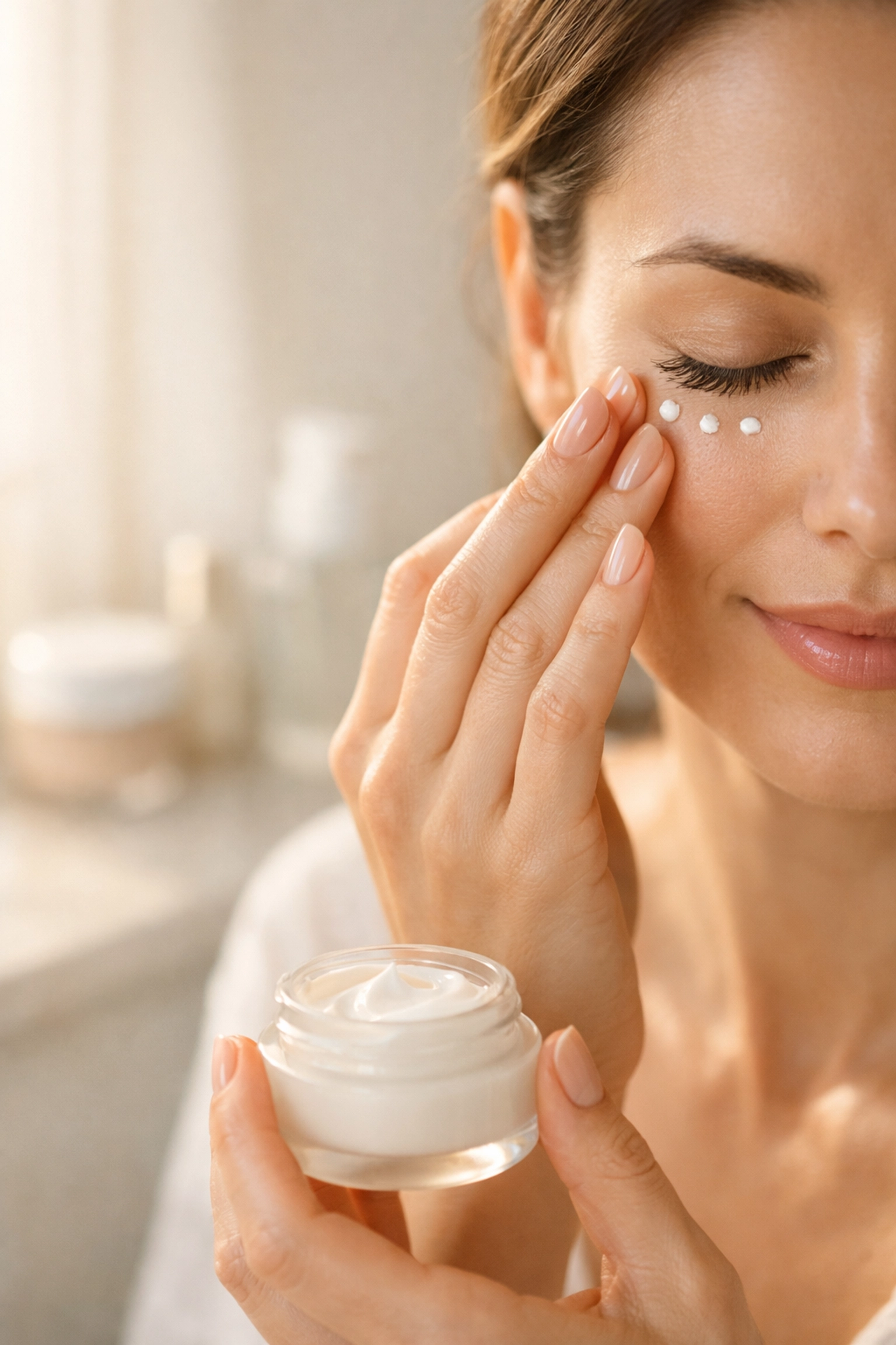 Woman applying eye cream under eyes for at-home sunken eye treatment
