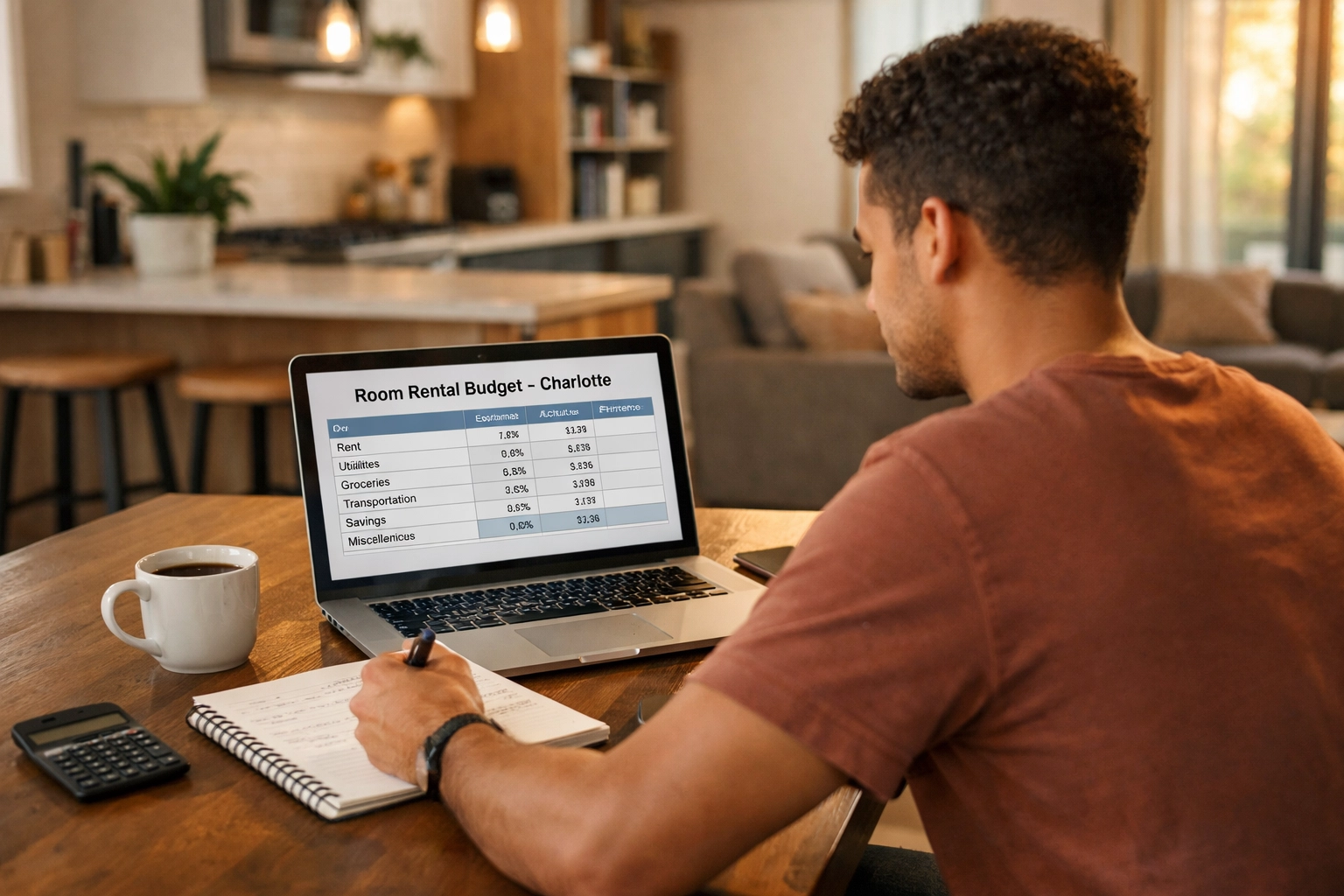 [FINANCIAL] Smart Savings for Professionals: renter doing all-in monthly cost math for Charlotte rooms for rent on a laptop in a modern shared home (Financial Hack/Data)