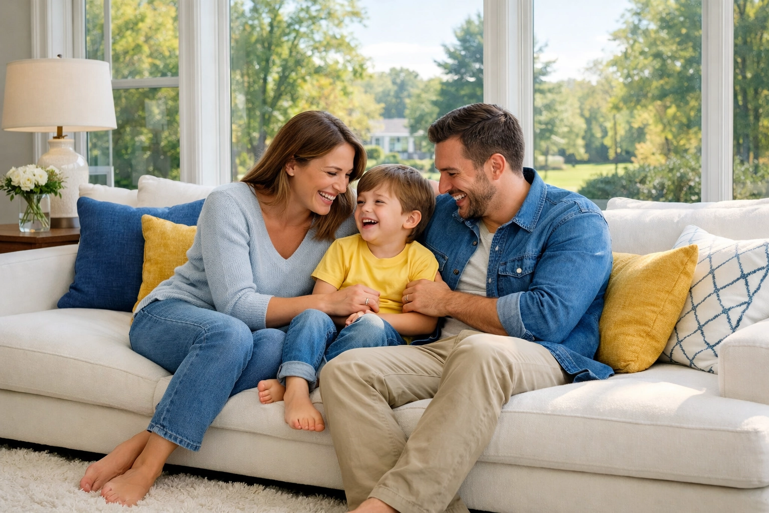 Family enjoying a stress-free, clean living room thanks to recurring weekly house cleaning services.