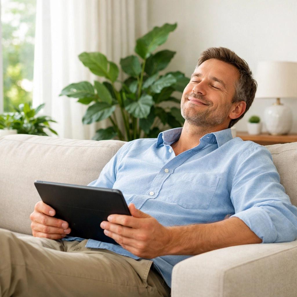 A person relaxing on a sofa with a tablet after securing an instant payday loan Canada.