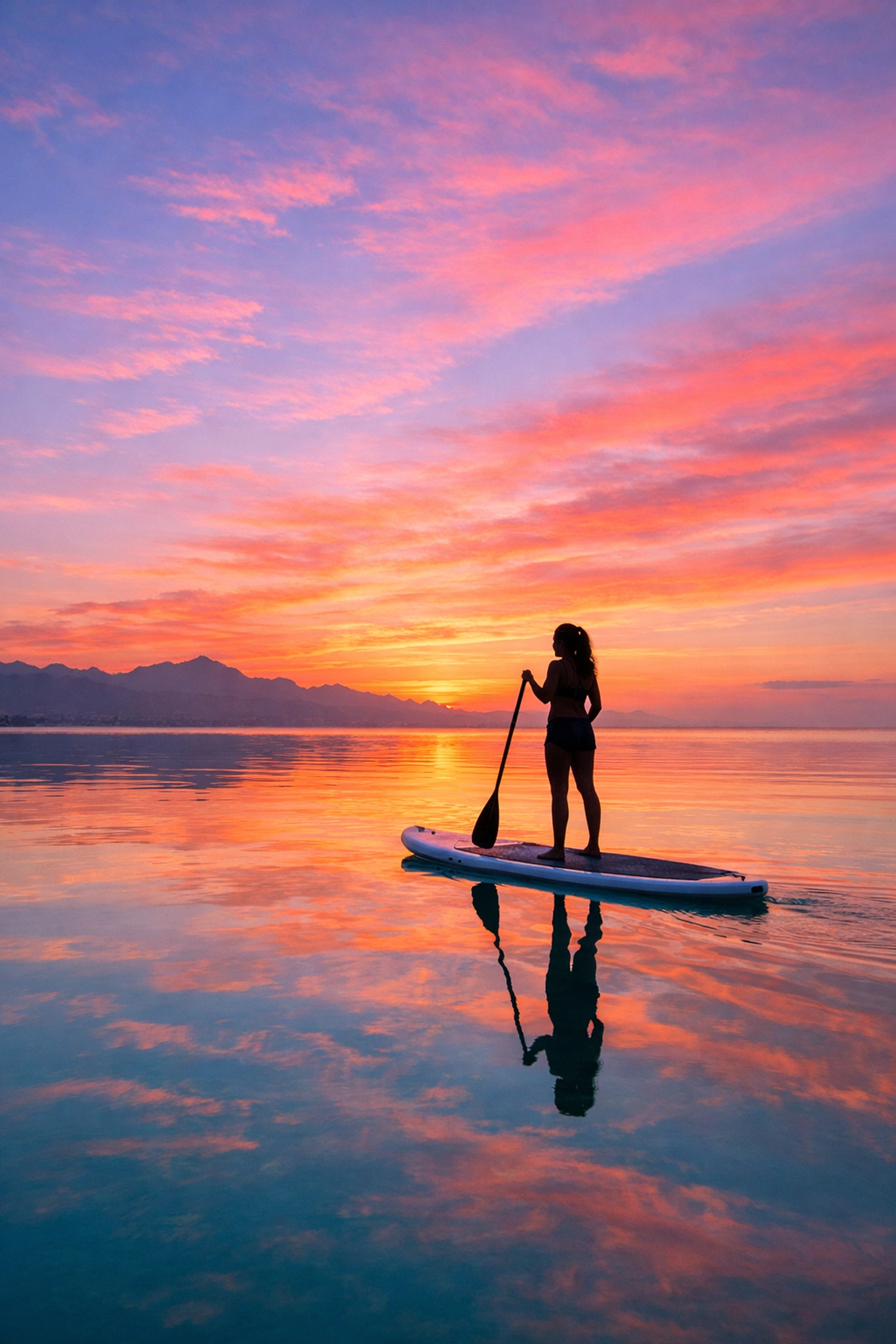 Solo paddleboarder on calm water at sunrise in Puerto Vallarta Bay