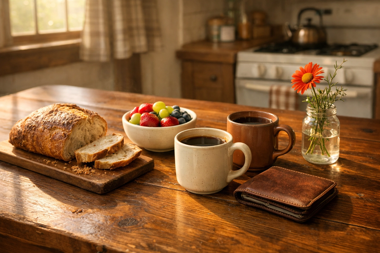 A breakfast table in sunlight, representing financial stewardship and contentment in any economy.