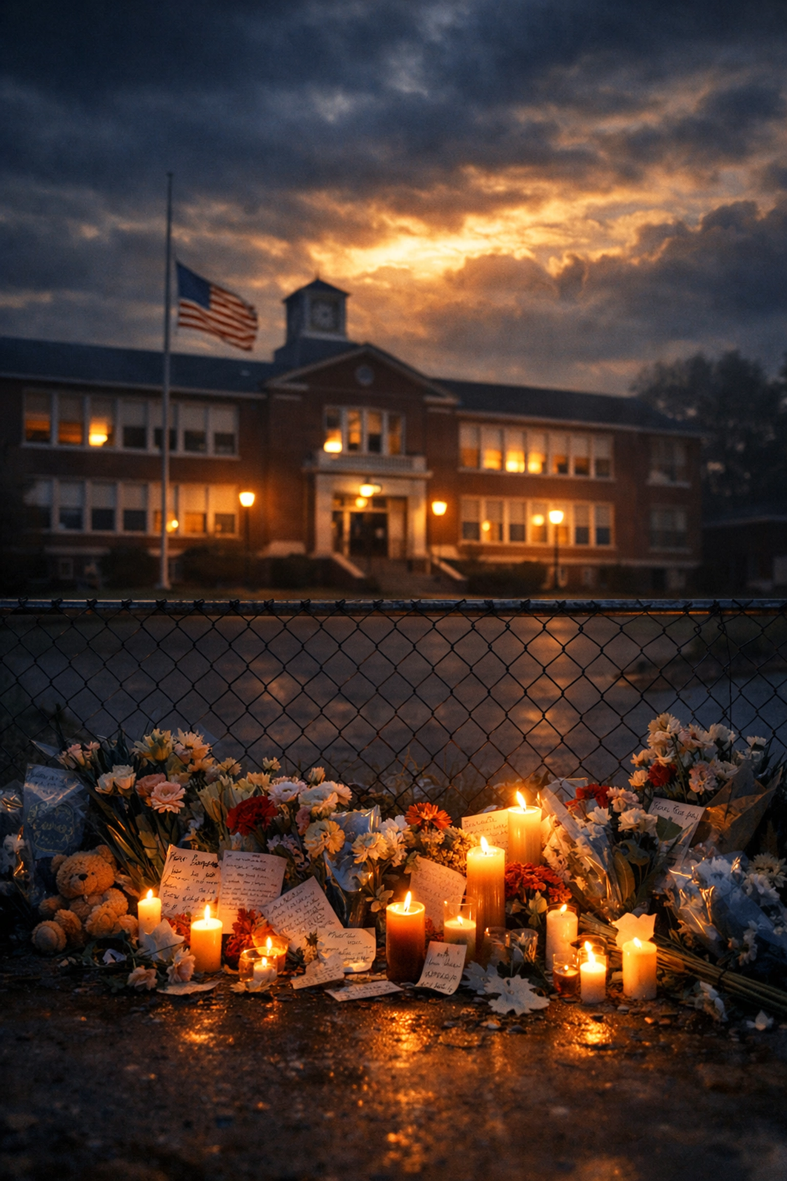 Memorial of flowers and candles at school fence after Canada shooting tragedy