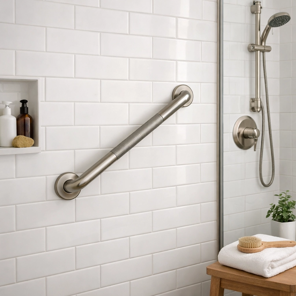 Sturdy bathroom grab bar professionally mounted on a shower wall for senior safety.