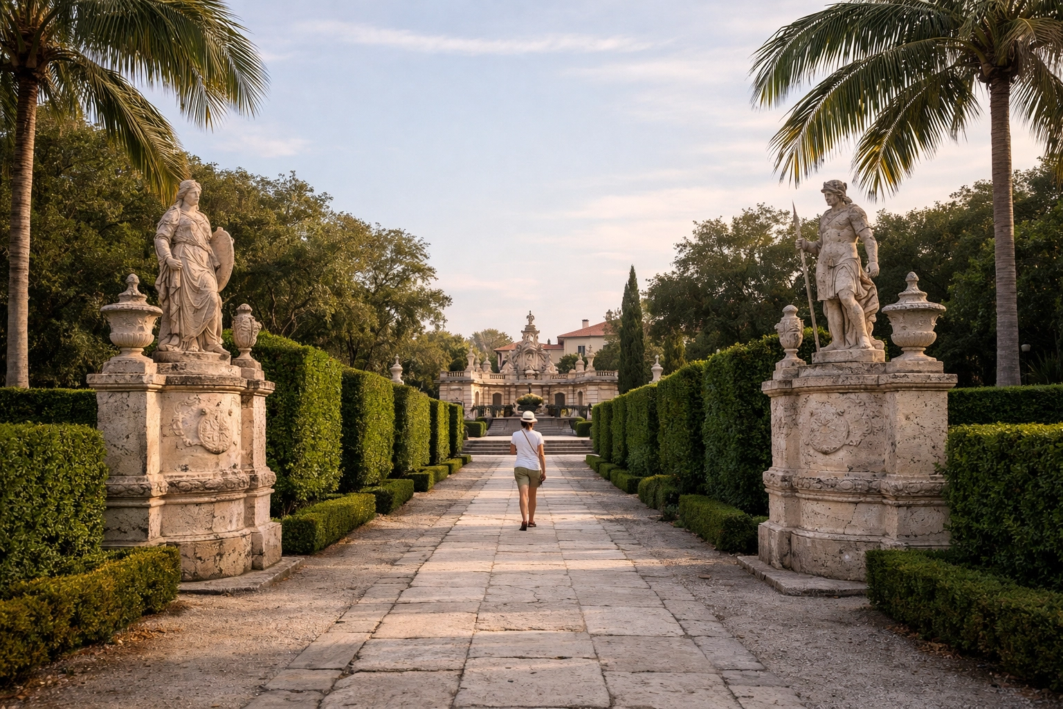 Vizcaya Museum & Gardens path with hedges and statues, a classic fun thing to do in Miami