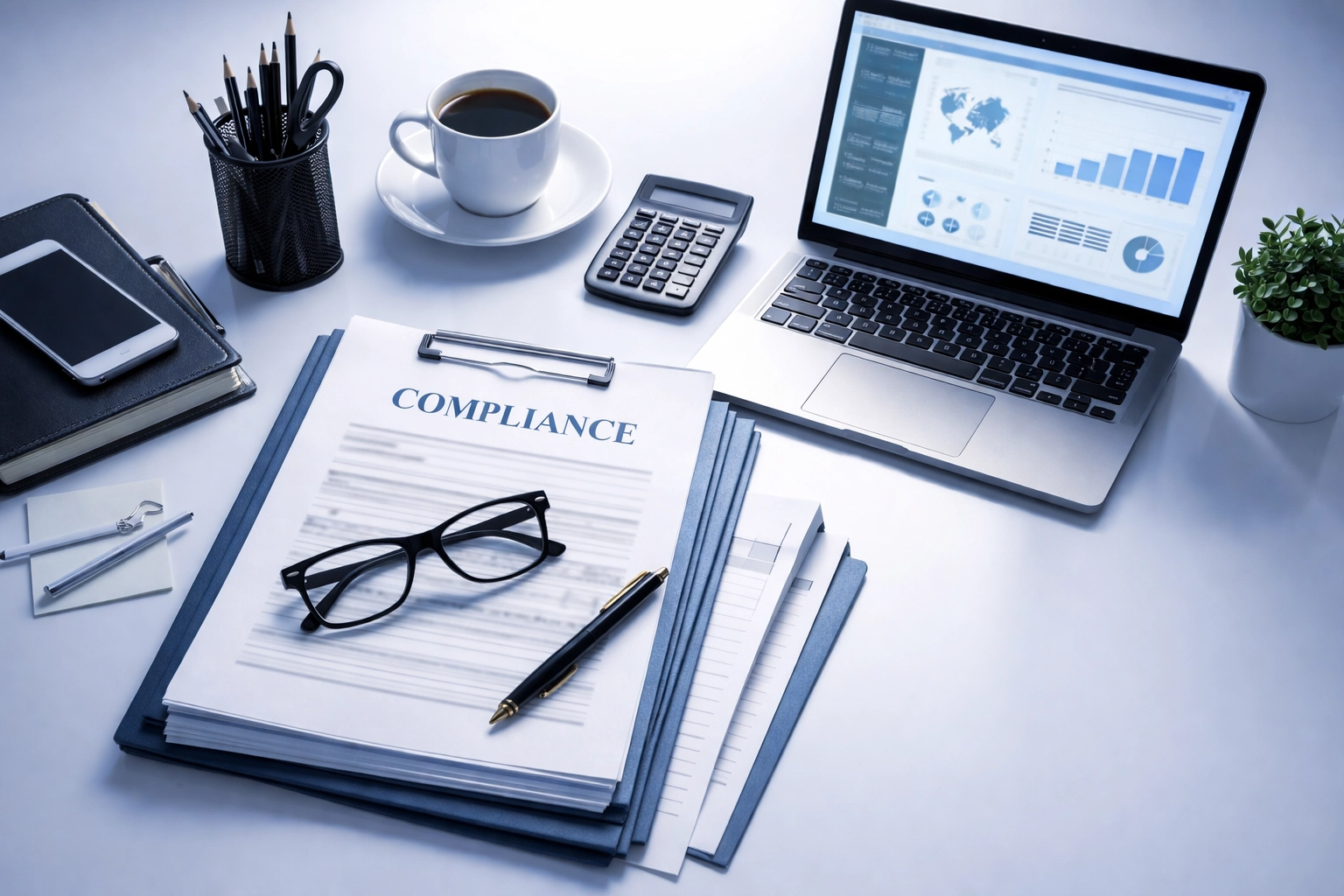 Compliance officer's organized workspace with legal documents and data analytics for payment processing compliance