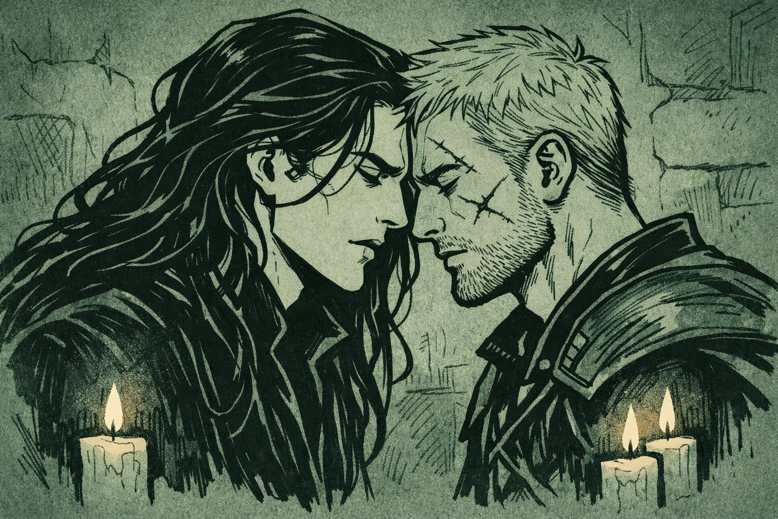 Two men in intimate moment showing vulnerability and desire - gay vampire romance illustration