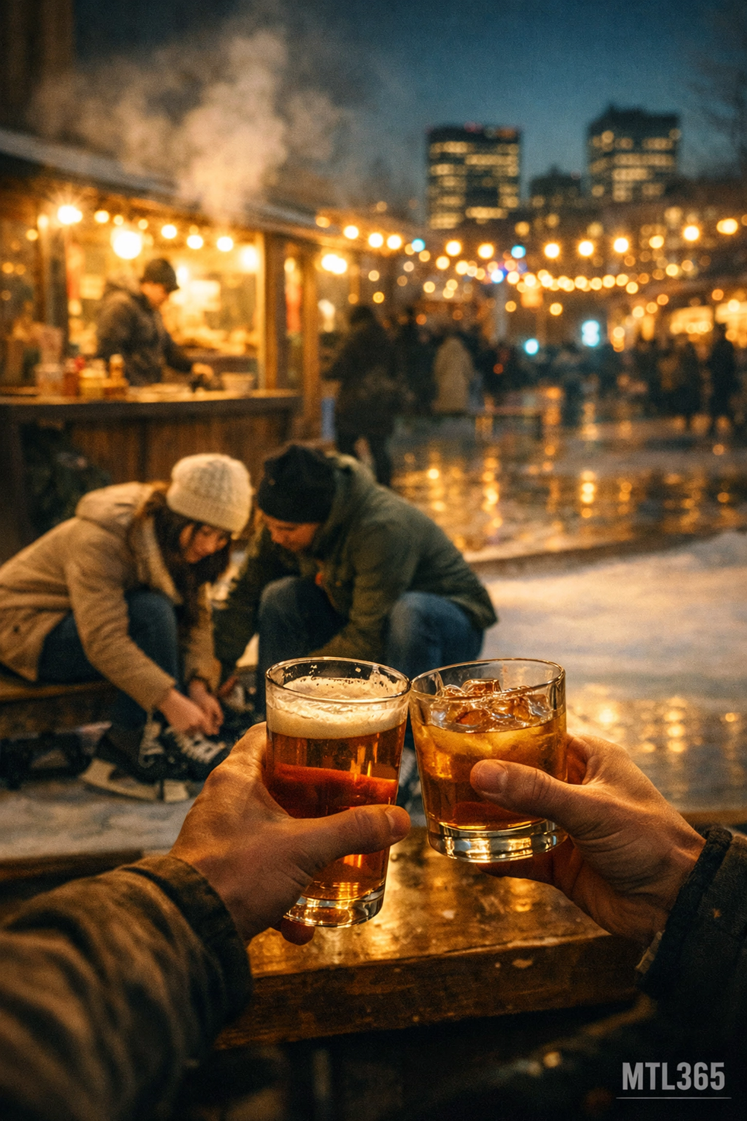 A collage showing Montreal social life with drinks at a bar and outdoor ice skating at a winter festival.