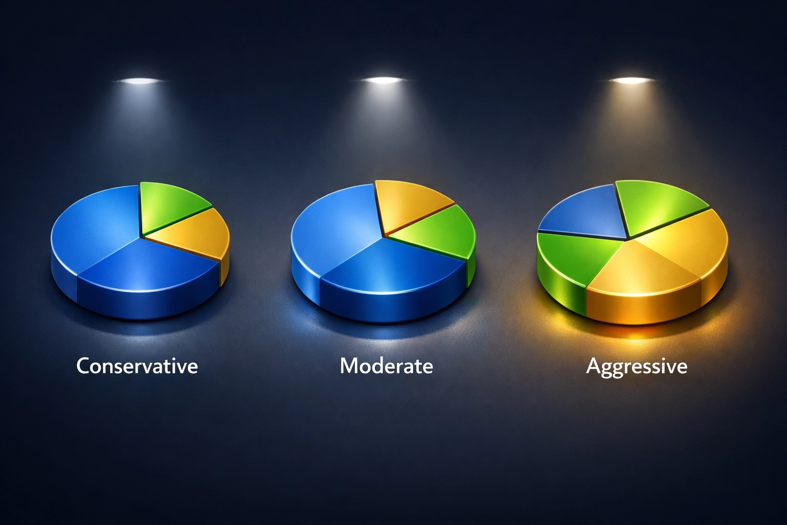 Three portfolio allocation charts showing conservative, moderate, and aggressive crypto and real estate strategies