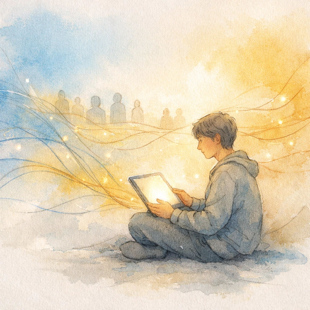 Person connecting with online church community through digital device in peaceful setting