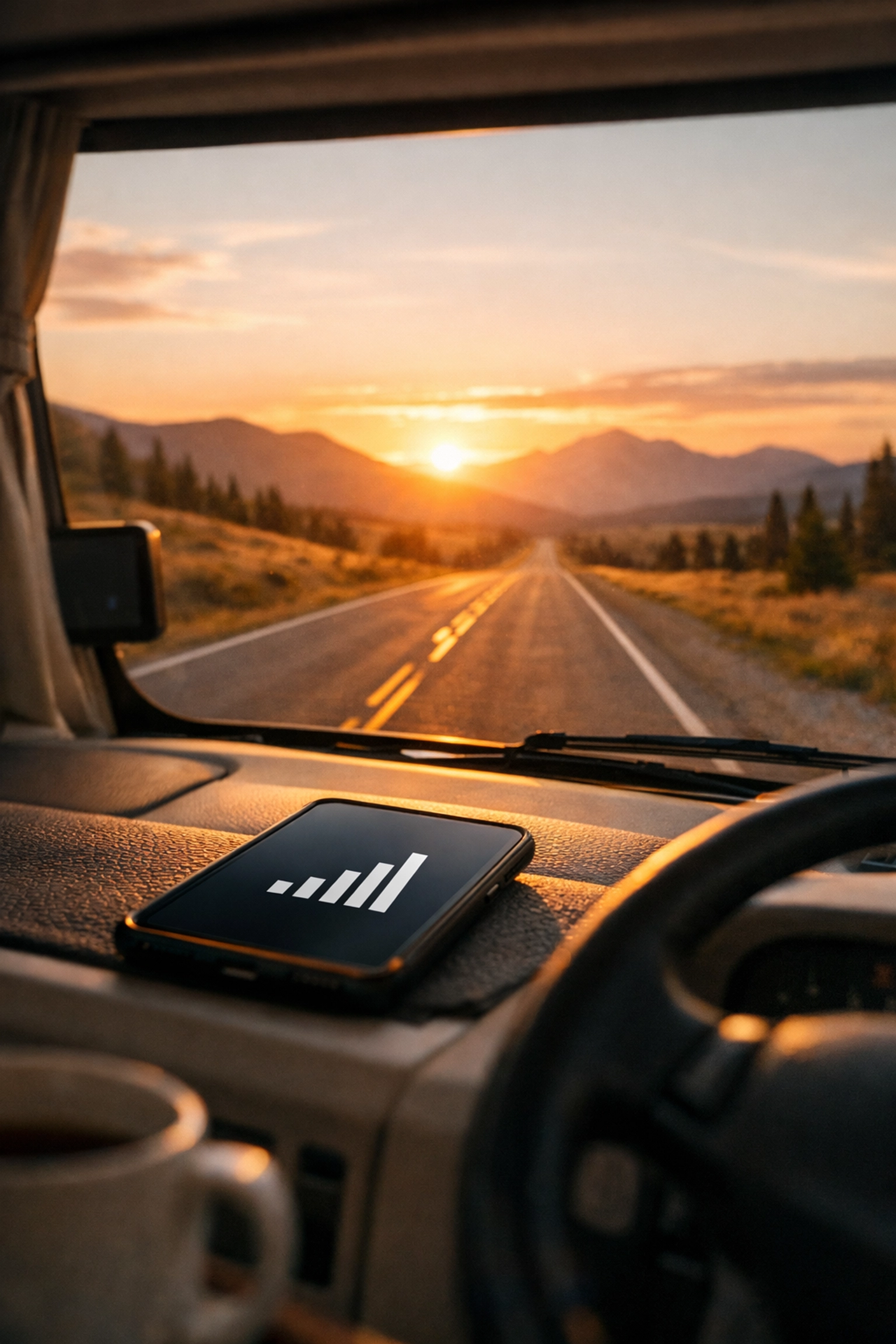 RV dashboard view of highway with mobile device showing internet signal bars