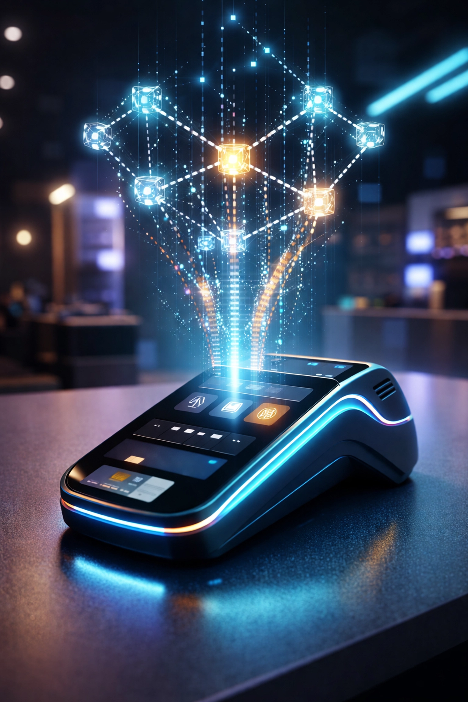 Modern digital POS terminal with blockchain visualization, illustrating secure Web3 global payments for merchants