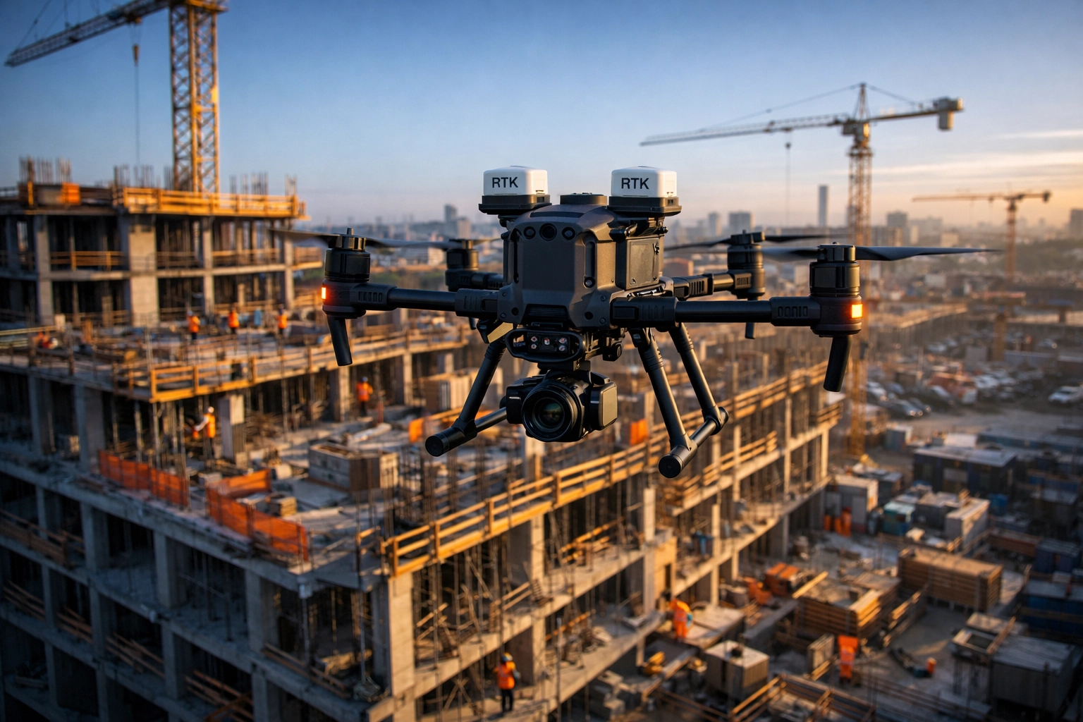 RTK drone performing aerial mapping at sunrise