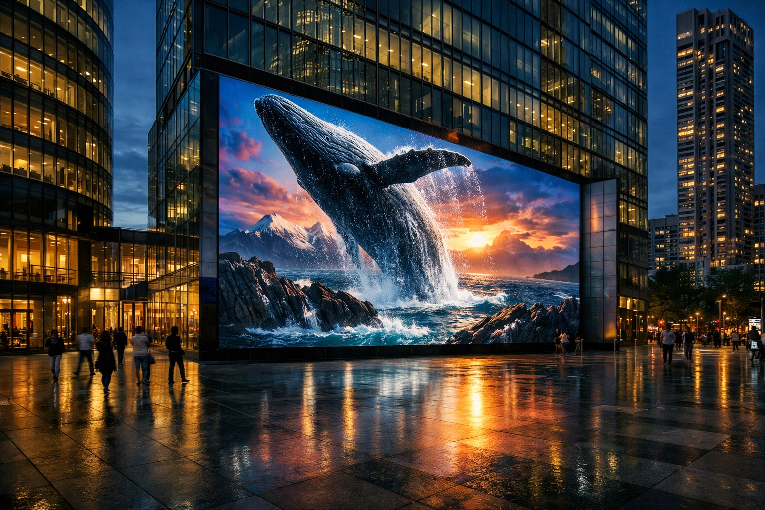 Vibrant 3D signage and digital advertising display on a modern glass building in a city plaza.