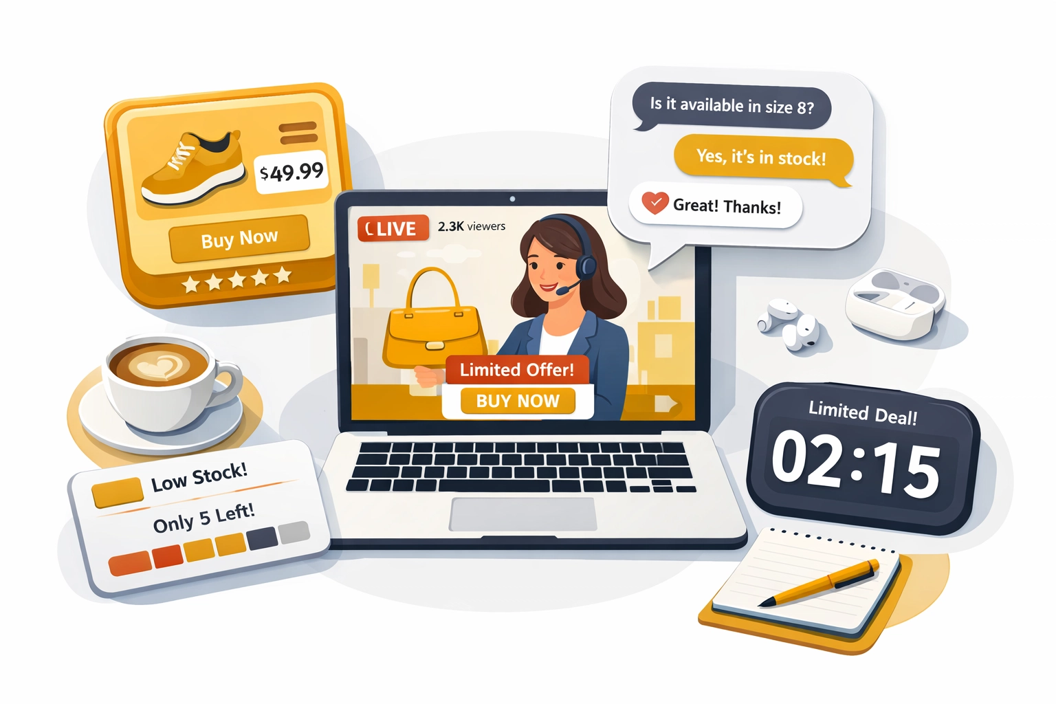 Interactive webinar platform interface with live product cards, chat, and real-time shopping features