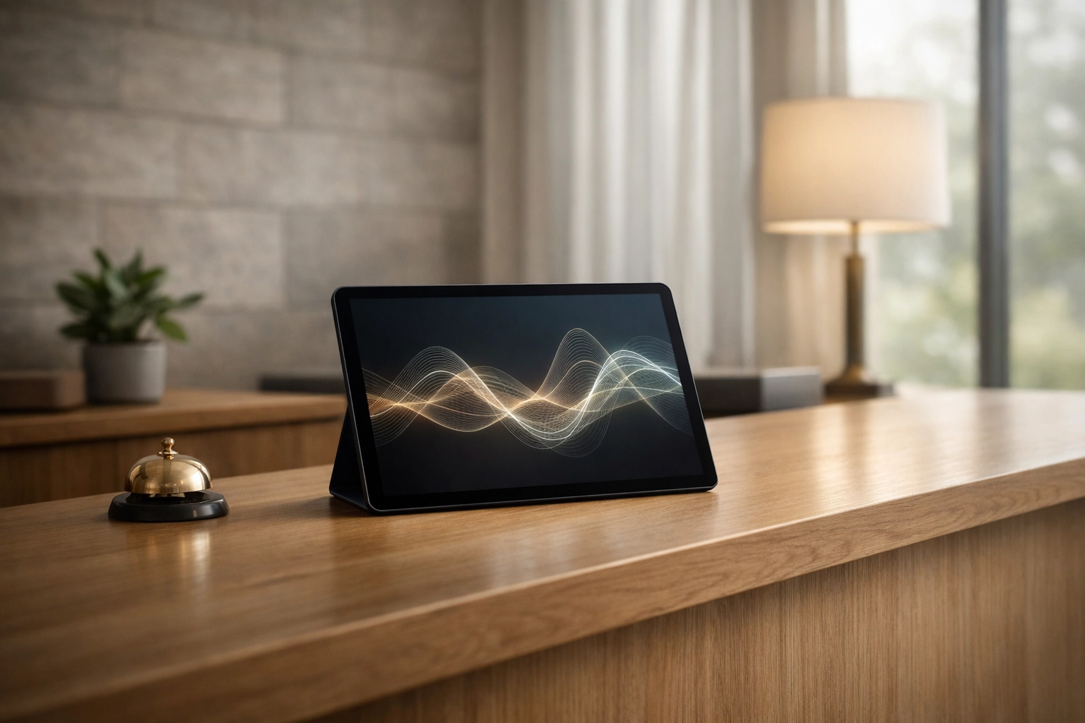 Minimalist hotel reception desk with a tablet showing AI-driven revenue management data trends.